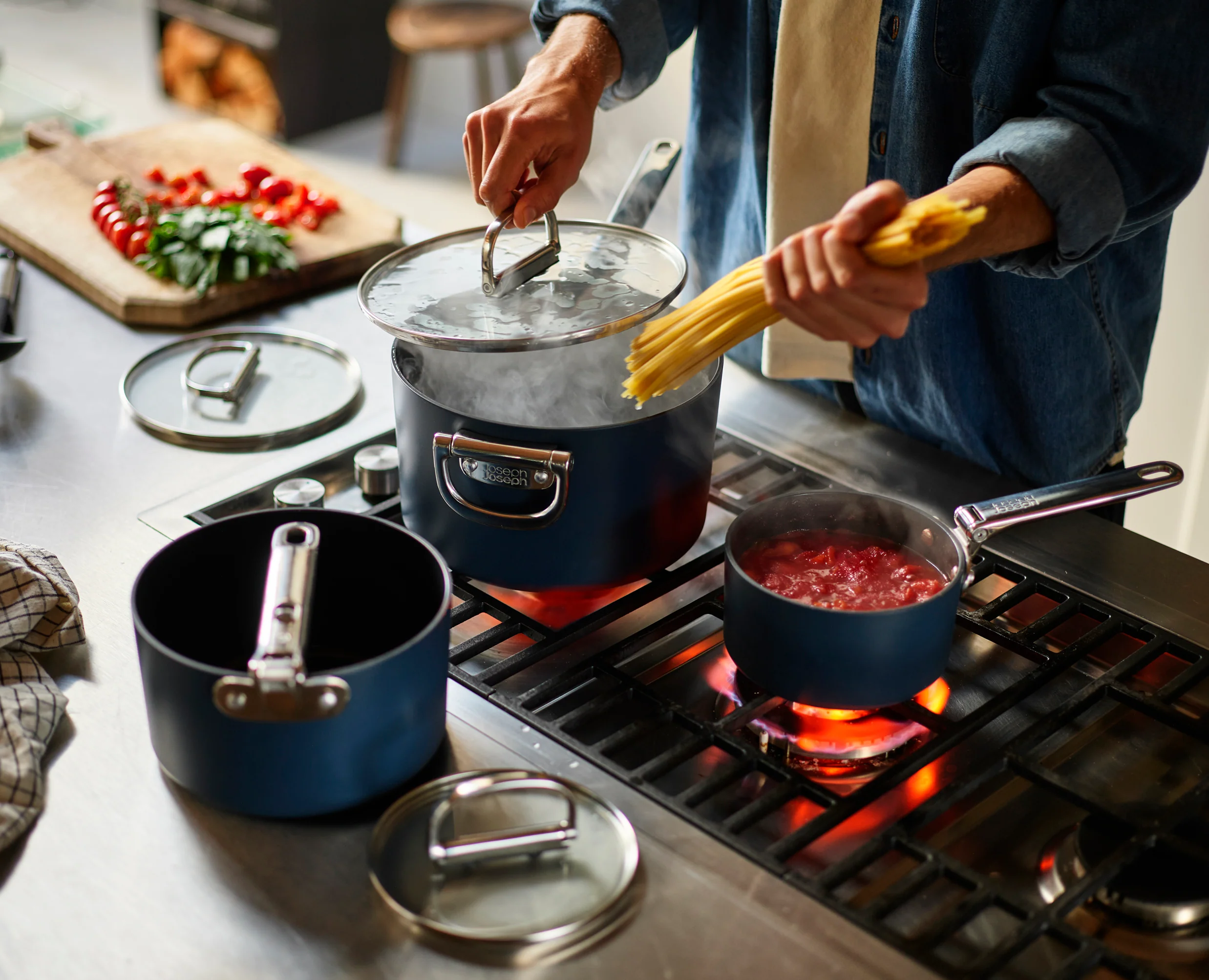 Space Stack Folding Handle Non-Stick 3-Piece Blue Saucepan Set With Lid Storage - Image 5